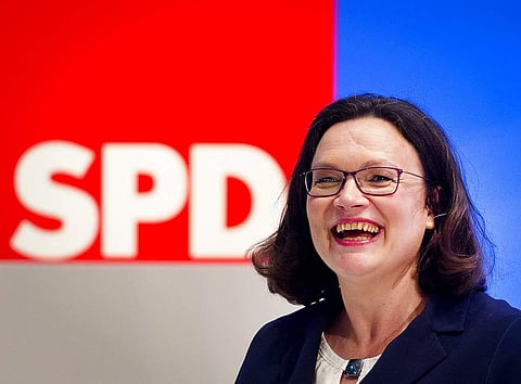 Candidate for SPD leadership Andrea Nahles attends a party meeting of German Social Democrats, SPD, in Wiesbaden. (AP)