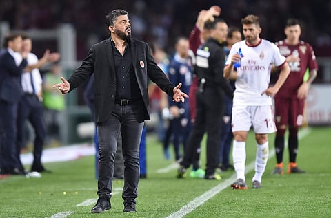 Milan's head coach Gennaro Gattuso reacts during the Italian Serie A soccer match Torino FC vs AC Milan at Olimpico Stadium in Turin, Italy, 18 April 2018. | AP