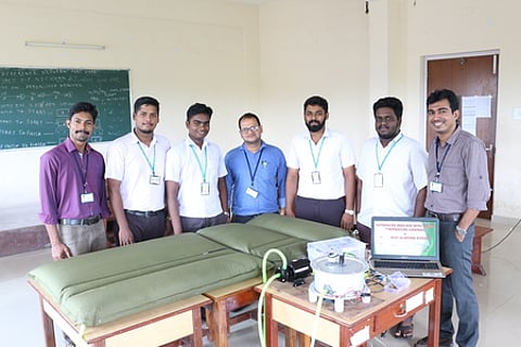 AISAT students Joseph Sen, Ashwin Stanly, Jeswin Joseph and Shevin K A along with guides Nobin Paul, Thomas Felix and Tiju Baby with the newly developed ‘Medibed’