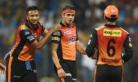 Sunrisers Hydrabad bowler Siddharth Kaul, centre, has been reprimanded. (File photo | PTI)