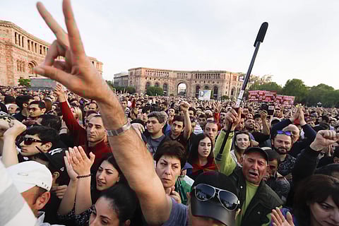 Protesters react while listening to their leader Nikol Pashiniangather at Republic Square in Yerevan, Armenia, Thursday, April 26, 2018. | AP