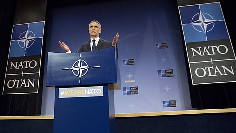 NATO Secretary General Jens Stoltenberg speaks during a media conference after a meeting of NATO foreign ministers at NATO headquarters in Brussels | AP