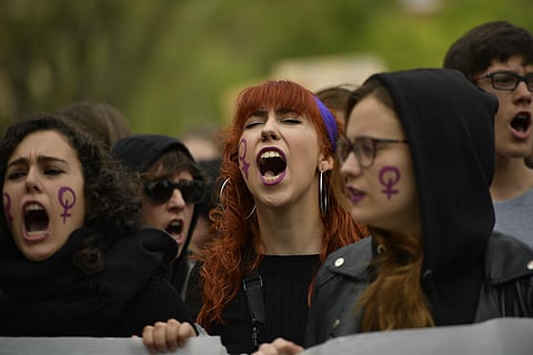 Women shout slogans during a protest against sexual abuse in Pamplona, northern Spain, Saturday, April 28, 2018. | Associated Press