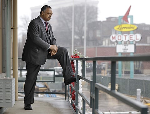 In this Feb. 14, 2018 photo, the Rev. Jesse Jackson stands on the motel balcony where the Rev. Martin Luther King Jr. was assassinated in Memphis, Tenn. on April 4, 1968. | Associated PRess