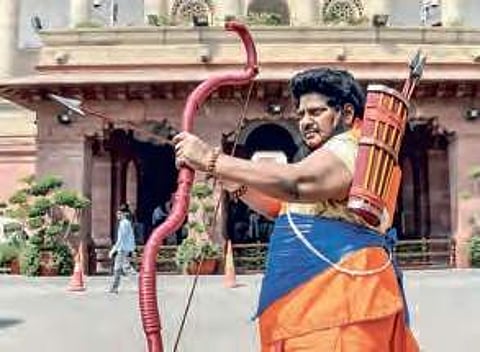 TDP MP Shivaprasad dressed as Alluri Sitarama Raju outside Parliament | Express