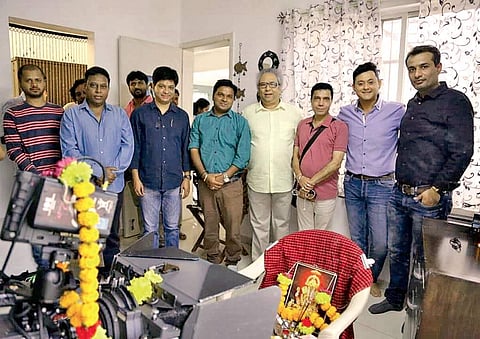 The crew at the muhurat of the Marathi film To Ti Tani Isra.