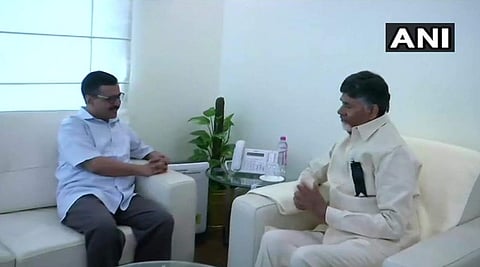 Delhi chief minister with his Andhra Pradesh counterpart Chandrababu Naidu in New Delhi. (ANI)