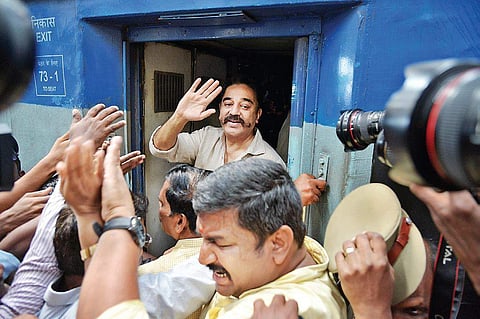 Actor-turned politician Kamal Haasan leaving for Tiruchy onboard Vaigai Express from Chennai Egmore station on Tuesday | Sunish P Surendran