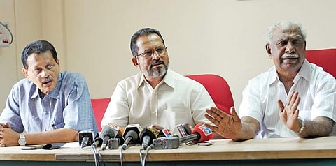 Members of the Kerala Film Chamber of Commerce holding a press conference in Kochi on Wednesday | A Sanesh