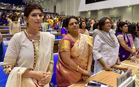 Twinkle Khanna L Dr Tessy Thomas Director Advance Systems Laboratory ASL and other recipients of FLO Icon Awards at the 34th annual session of the organisation in New Delhi on Thursday. | PTI