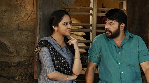 Miya George and Mammootty in 'Parole.'