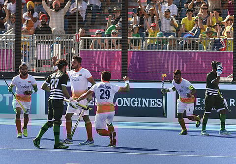 Indian player Harmanpreet Singh celebrates with teammates during the Hockey Men's match against Pakistan during the Commonwealth Games 2018 in Gold Coast. | PTI