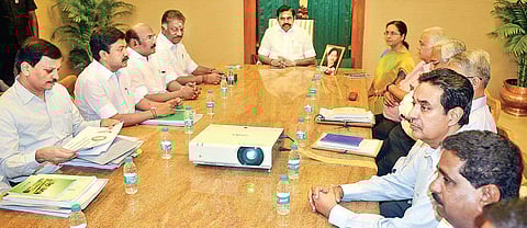 Chief Minister Edappadi K Palaniswami, along with other ministers, holding a meeting with the lawyers, who will represent the Tamil Nadu government in the Supreme Court,