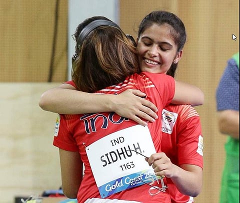 Heena Sidhu hugs Manu Bhaker after the 10m air pistol competition | AP