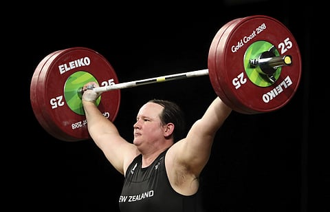 New Zealand's Laurel Hubbard lifts in the snatch of the women's +90kg weightlifting final at the 2018 Commonwealth Games on the Gold Coast, Australia, Monday, April 9, 2018. (AP Photo)