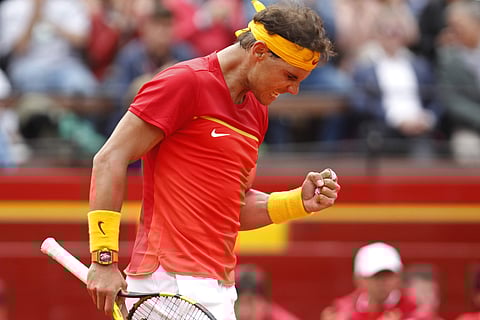 Rafael Nadal reacts during his match against Germany's Philipp Kohlschreiber during a World Group Quarter final Davis Cup tennis match between Spain and Germany at the bullring in Valencia, Spain, Friday April 6, 2018. (Photo | AP)