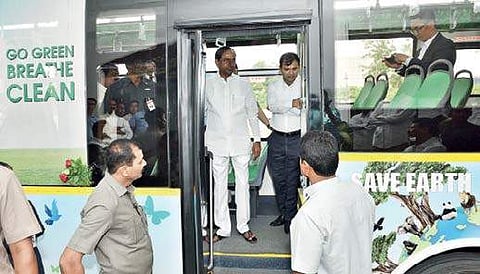 CM K Chandrasekhar Rao in an electric bus in Hyderabad on Wednesday | Express