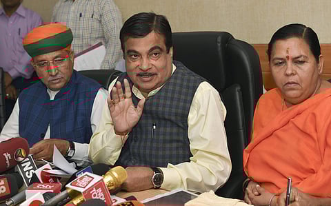 Union water resources minister Nitin Gadkari, minister for drinking water and sanitation Uma Bharti, and MoS Arjun Ram Meghwal at a Press conference. (PTI)