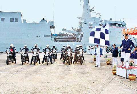 Southern Naval Command Chief of Staff Rear Admiral R J Nadkarni flagging off a Naval Bike Expedition at the Kochi Naval Base on Thursday