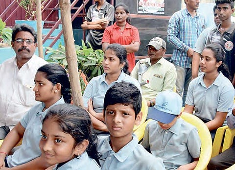 Young archers in support of Cherukuri Satyanarayana during his indefinite hunger stir in city on Friday | R V K Rao