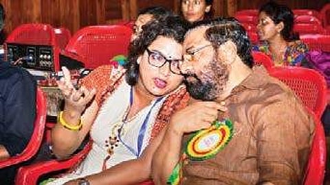 Tourism Minister Kadakampally Surendran having a word with Syama S Prabha, secretary of Queerythm LGBTIQ community, at VJT hall in Thiruvananthapuram on Saturday | B P Deepu