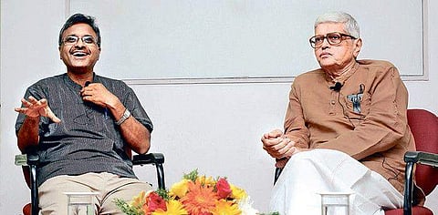 Historian A R Venkatachalapathy and Gopal Krishna Gandhi during a discussion on a book on Subramanya Bharathi, in the city on Tuesday | Sunish P Surendran