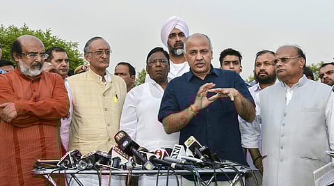 Delhi finance minister Manish Sisodia along with finance ministers of Kerala West Bengal Andhra Pradesh Punjab and Puducherry address the media after their meeting with President Ram Nath Kovind in New Delhi on Thursday, 17 May 2018. | PTI