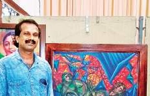 N K Sunu with his 3D paintings at the Museum auditorium