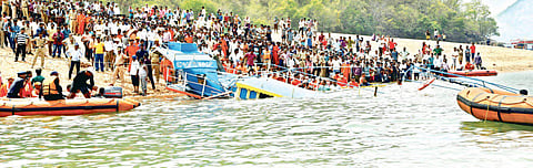 The grieving family members of the boat mishap victims at Vadapalli village of West Godavari district on Wednesday. (Left) Chief Minister N Chandrababu Naidu consoling the family members of the victims| Express