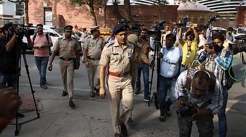 A team of Delhi police officers reached CM Arvind Kejriwal's house on Friday to question about the alleged assault of chief secretary Anshu Prakash. (Express photo | Shekhar Yadav)
