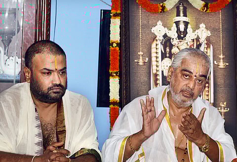 TTD head priest AV Ramana Dikshitulu, right, addressing press conference in Chennai. (Express Photo Service)