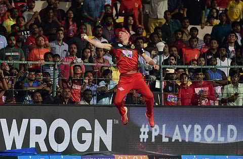 Royal Challengers Bangalore AB De Villiers takes the catch of Alex Hales of Sunrisers Hyderabad during their IPL T20 cricket match 2018 at Chinnaswamy Stadium in Bengaluru on Thursday. | PTI