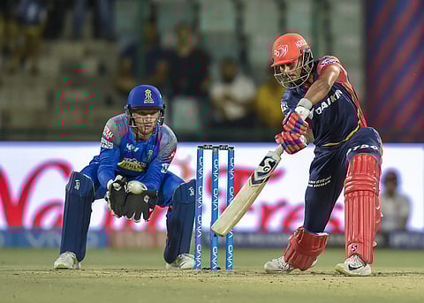 Delhi Daredevils' Shreyas Iyer plays a shot against Rajasthan Royals during IPL 2018 match at Feroz Shah Kotla Stadium in New Delhi on Wednesday. | PTI