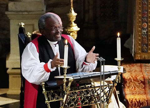 The Most Rev Bishop Michael Curry, primate of the Episcopal Church, speaks during the wedding ceremony of Prince Harry and Meghan Markle at St. George's Chapel in Windsor Castle in Windsor, near London, England, Saturday, May 19, 2018. (AP)