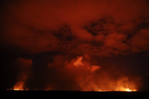 Lava erupts from fissures near Pahoa, Hawaii Saturday, May 19, 2018. Two fissures that opened up in a rural Hawaii community have merged to produce faster and more fluid lava. (AP)