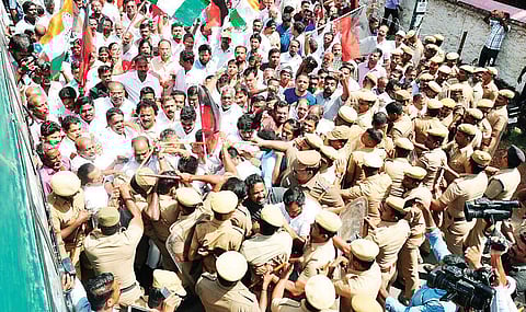 Residents of Manakudy in Kanniyakumari district staging protest against the ICTT project on Saturday | Express