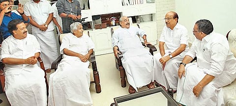 Senior UDF leaders holding talks with K M Mani at his residence on Monday | Express