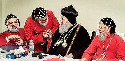 Patriarch of Syrian Orthodox Church Ignatius Aphrem II sharing a light moment with Thomas Mor Thimotheos Metropolitan of Kottayam diocese. Joseph Mor Gregorios Metropolitan (left) and Baselios Thomas I Catholicos are also seen | Albin Mathew
