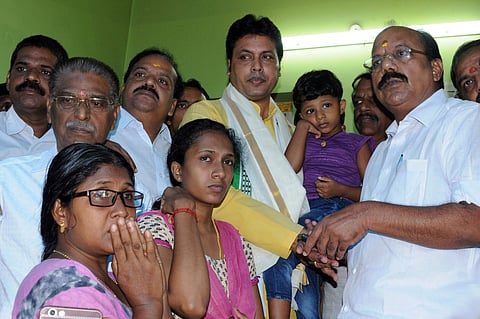 Tripura CM Biplab Kumar Deb at the residence of Sreejith, killed in police custody, at Varapuzha on Thursday. (Express Photo | P A Sanesh)