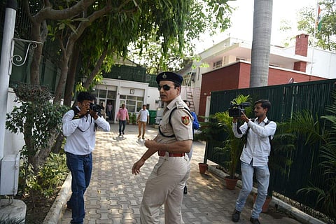 Additional DCP Harinder Singh arrives at Deputy Chief Minister of Delhi Manish Sisodia's residence for questioning in the case of assault on chief secretary Anshu Prakash in New Delhi on Friday. (Express Photo by Parveen Negi)