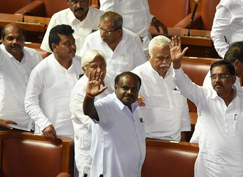 Karnataka Chief Minister H D Kumaraswamy wins the floor test on Friday (Express Photo | Nagaraja Gadekal)
