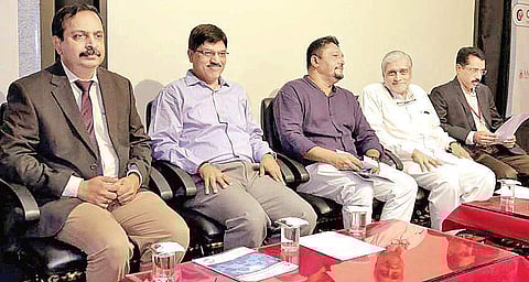 Dr Prem Nair, medical director, AIMS, having a word with Vinod Mathew Jacob, Resident Editor, The New Indian Express. Also seen are (left), Dr Rajesh Pai, deputy medical superintendent and Dr Sanjeev Singh, chief medical superintendent, AIMS. On the right