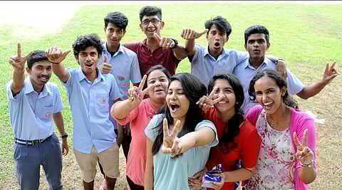 Students of Toc-H Public School Vyitila Kochi celebrating after the 12th CBSE result on Saturday.Photo | A Sanesh