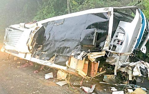 Mangled remains of the bus that toppled in the ghats