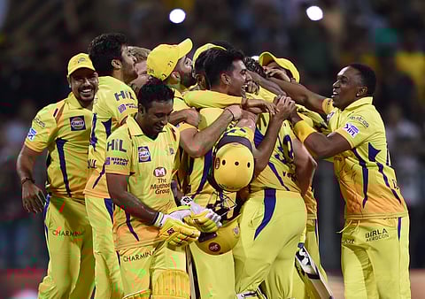 Chennai Super Kings players celebrate their win against Sunrisers Hyderabad in the IPL 2018 final cricket match in Mumbai on Sunday. CSK defeated SRH by eight wickets to lift the trophy. (Photo | PTI)