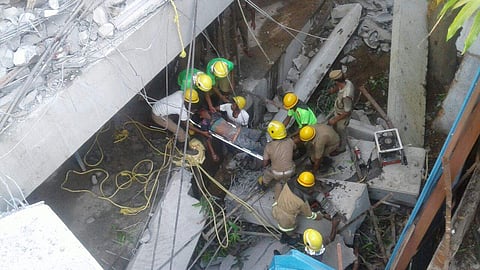 A wall in an upcoming restaurant collapsed in Chennai's posh Spurtank Tank. (Photo | Special arrangement)
