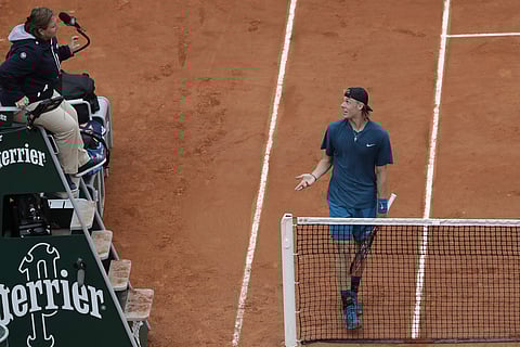 Canada's Denis Shapovalov argues with the umpire during his French Open match | AP