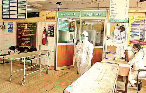 Healthcare workers at the Government Taluk Hospital in Perambra, Kozhikode, which wears a deserted look due to the Nipah virus scare. | TP Sooraj