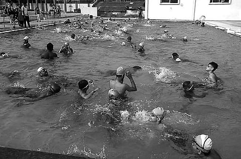 Students during a practice session at the beginners’ swimming pool in Sambalpur | Express