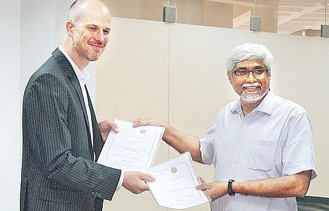 Alexander Klotz, head of Continental’s in-house R&D centre, with Ravindra Gettu, Dean (IC&SR), IIT Madras. | EXPRESS